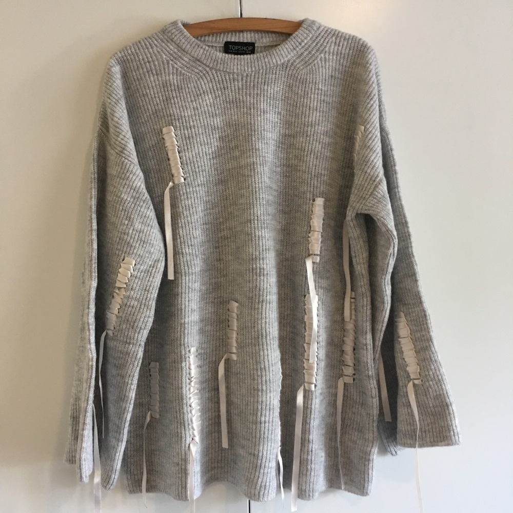 Topshop Gray Ribbed Ribbon Detail Sweater M